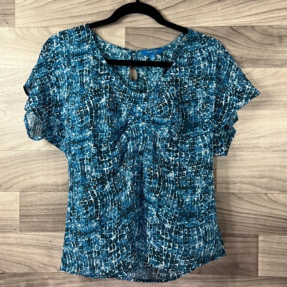 Derek Lam Womens Blouse Blue Pullover Short Sleeve Scoop Neck‎ Keyhole Ruched XS